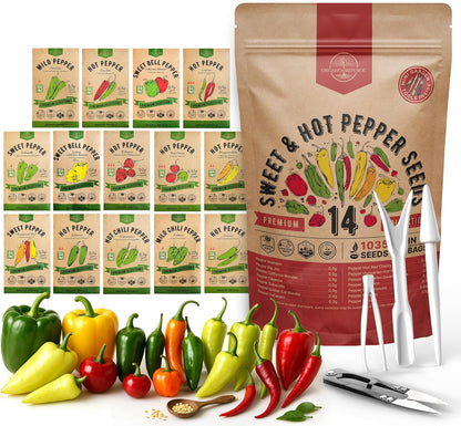 Organo Republic 14 Sweet & Hot Peppers Seeds Variety Pack - 1,030+ Non-GMO Heirloom Pepper Seeds for Outdoor and Indoor Home Gardening, Including Pepper Cayenne, Habanero, Jalapeno, Poblano, Serrano