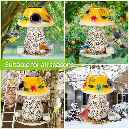 Mushroom Solar Bird Feeders for Outdoors Hanging Metal Wild Bird Feeder Garden Lantern with S Hook for Garden Decoration Yellow