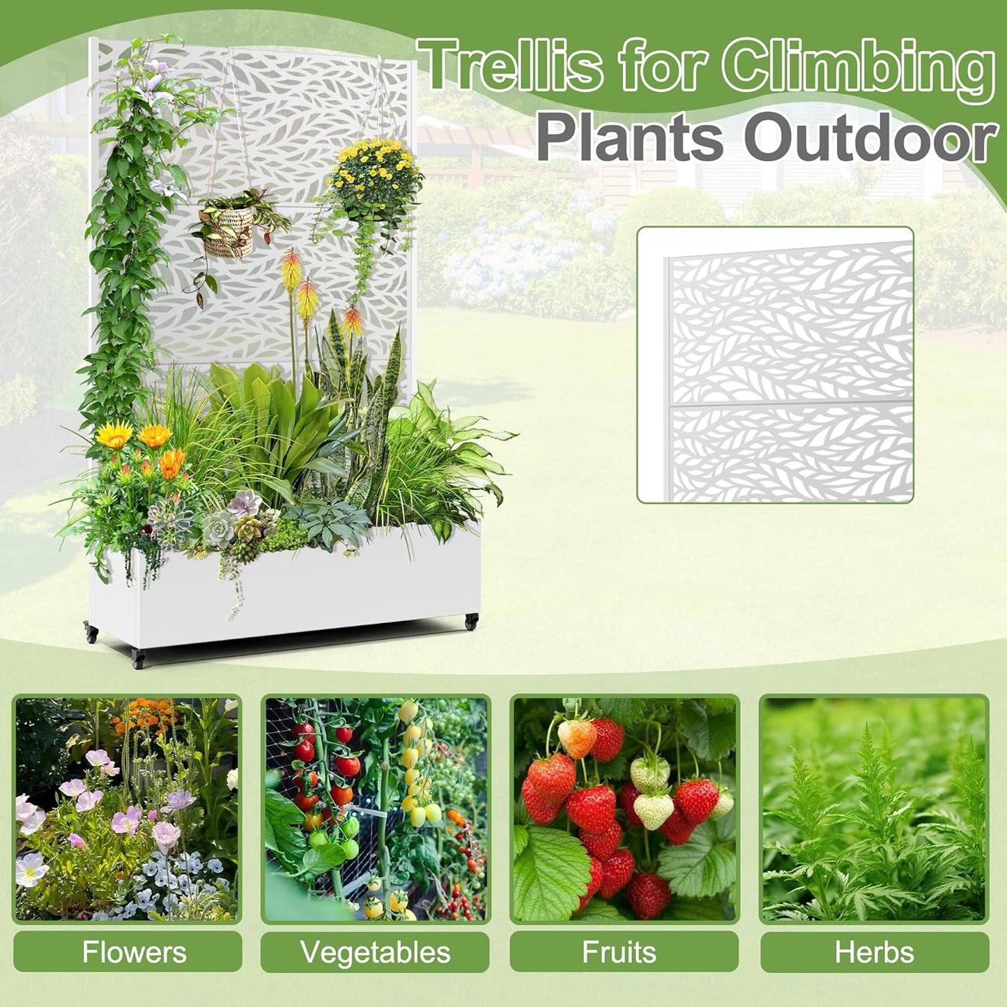 Raised Garden Bed with Trellis and Wheels,73"x47"x16" Metal Raised Garden Bed,White Flowing Leaf Metal Planter with Climbing Trellis for Vines & Vegetables