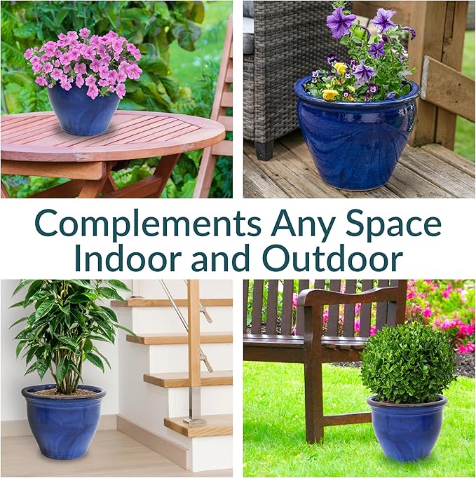 Sunnydaze Large Ceramic Plant Pot - Round Outdoor Glazed Ceramic Planter Pot with Drainage - Studio - Imperial Blue - 18.5"