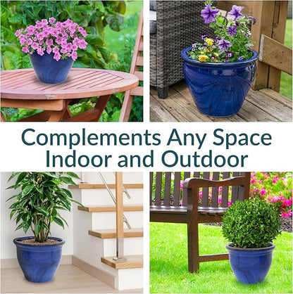 Sunnydaze Large Ceramic Plant Pot - Round Outdoor Glazed Ceramic Planter Pot with Drainage - Studio - Imperial Blue - 18.5"