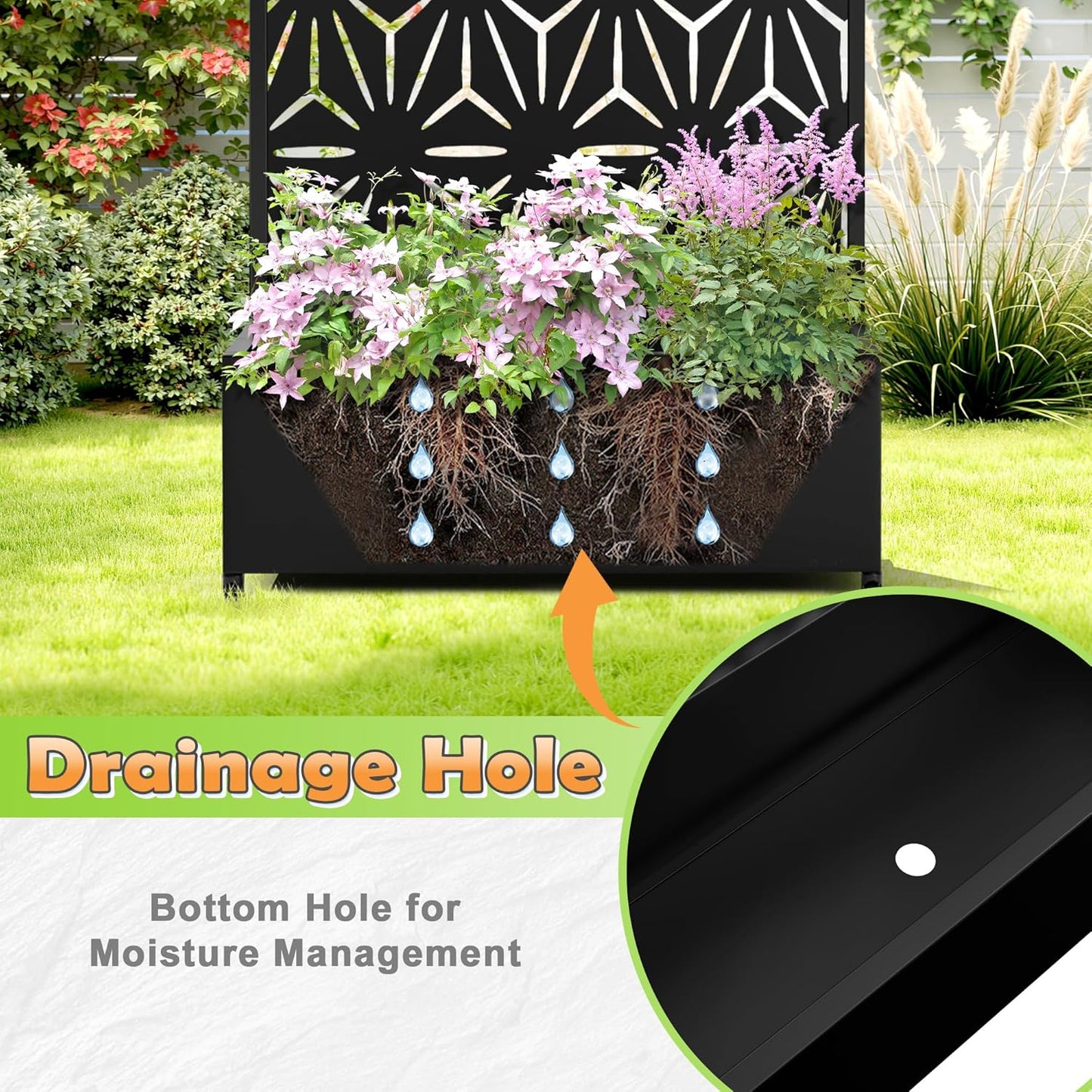 Metal Raised Garden Bed with Trellis, 2-in-1 Planter Box & Privacy Screen for Climbing Plants, Outdoor Standing Flower Bed with Drainage Holes, 35.4" L x 15.7" W x 70.1" H, Black-Star