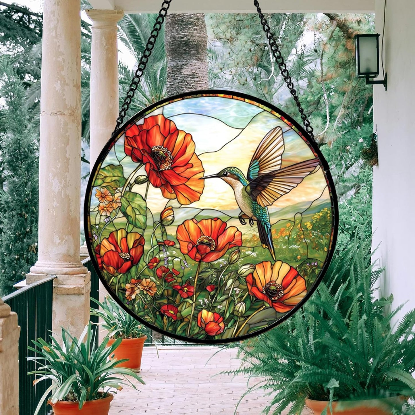 Stained Glass Window Hanging, Hummingbirds Orange Flowers Suncatcher Diamond Glass Panel Hangings Sun Catchers Decor for Birthday for Women, Men, Wife, Aunt, and Mom 14.9 in