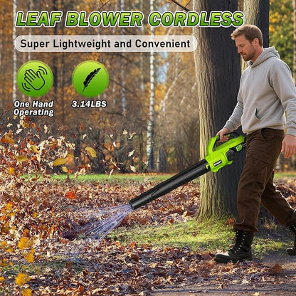RYAHT Leaf Blower, 21V Powerful Electric Leaf Blower Cordless with 2 x 4.0Ah Batteries and Charger, 2 Speed Modes, Handheld Lightweight Leaf Blowers for Lawn Care, Patio, Garden, Dust - Green