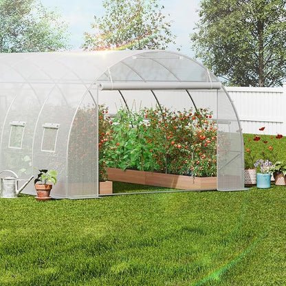 VEVOR Walk-in Tunnel Greenhouse, 19.4x9.7x6.5 ft Hoop House Greenhouse Tunnel, Plant Hot House with Galvanized Steel Frame, White PE Cover, Roll-up Zipper Door and 12 Windows for Outdoor