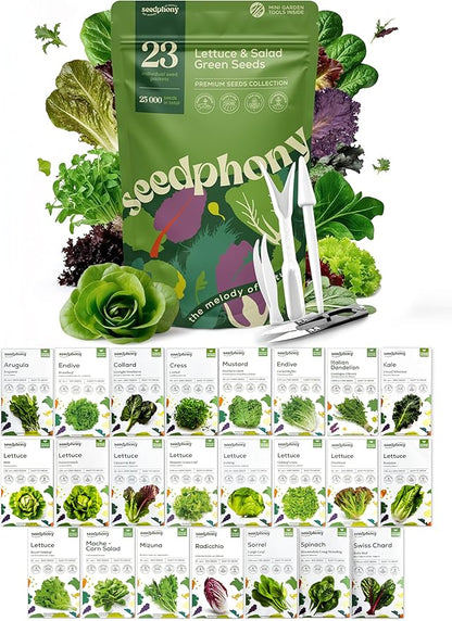 23 Lettuce & Salad Greens Seeds Variety Pack - 25,000+ Non-GMO Heirloom Greens Seeds for Planting Lettuce Indoor & Outdoor: Arugula, Mizuna, Kale, Spinach, Swiss Chard, Mache & More Lettuce Seeds