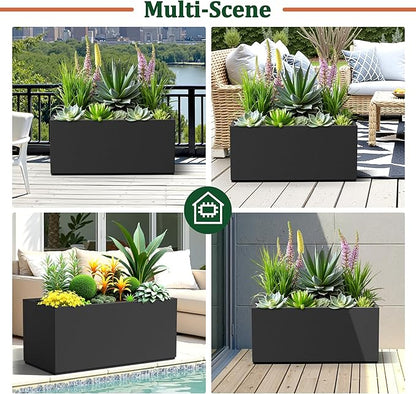 Large Rectangle Planter Metal Black Planter Box with a Drainage Hole and a Removable Divider Indoor Outdoor Porch Pots for Tall Plants, Trees, Flowers 37.99"x 15" x 16.26" Black