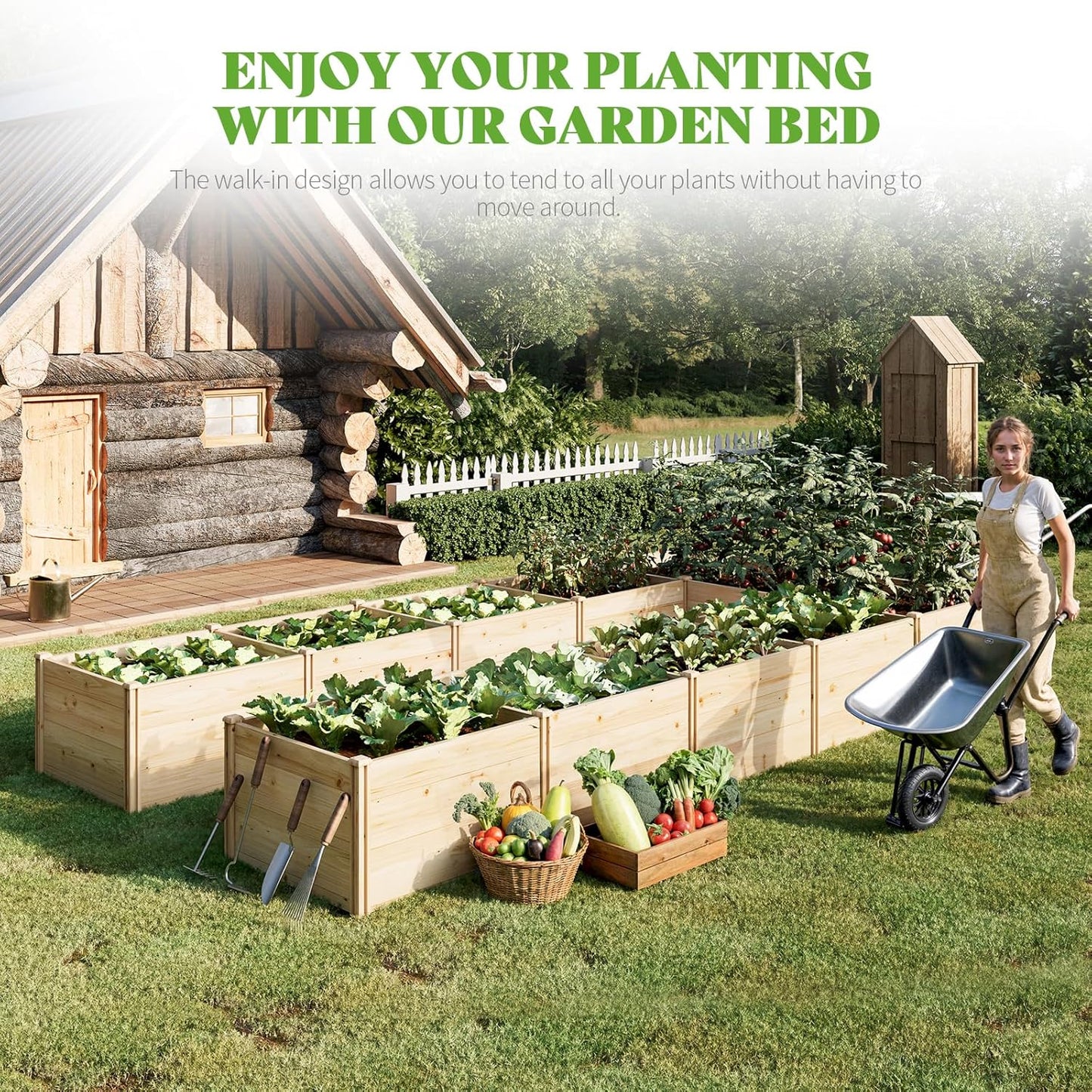 PaPaJet Raised Garden Bed for Outdoor, Eleven GridsDeep Large Planter Box for Gardening, Vegetables, Flowers, Herbs（7.5× 14.8× 1.6FT）