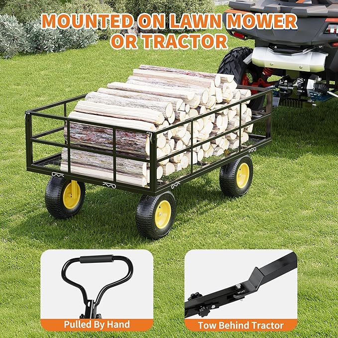 Metal Wagon - 1200lbs Garden Cart with 10" Multi-Terrain Tires, 4 Removable Mesh Sides & 180° Swivel Handle, Yard Wagon Cart for Lawn, Yard, Patio Gardening