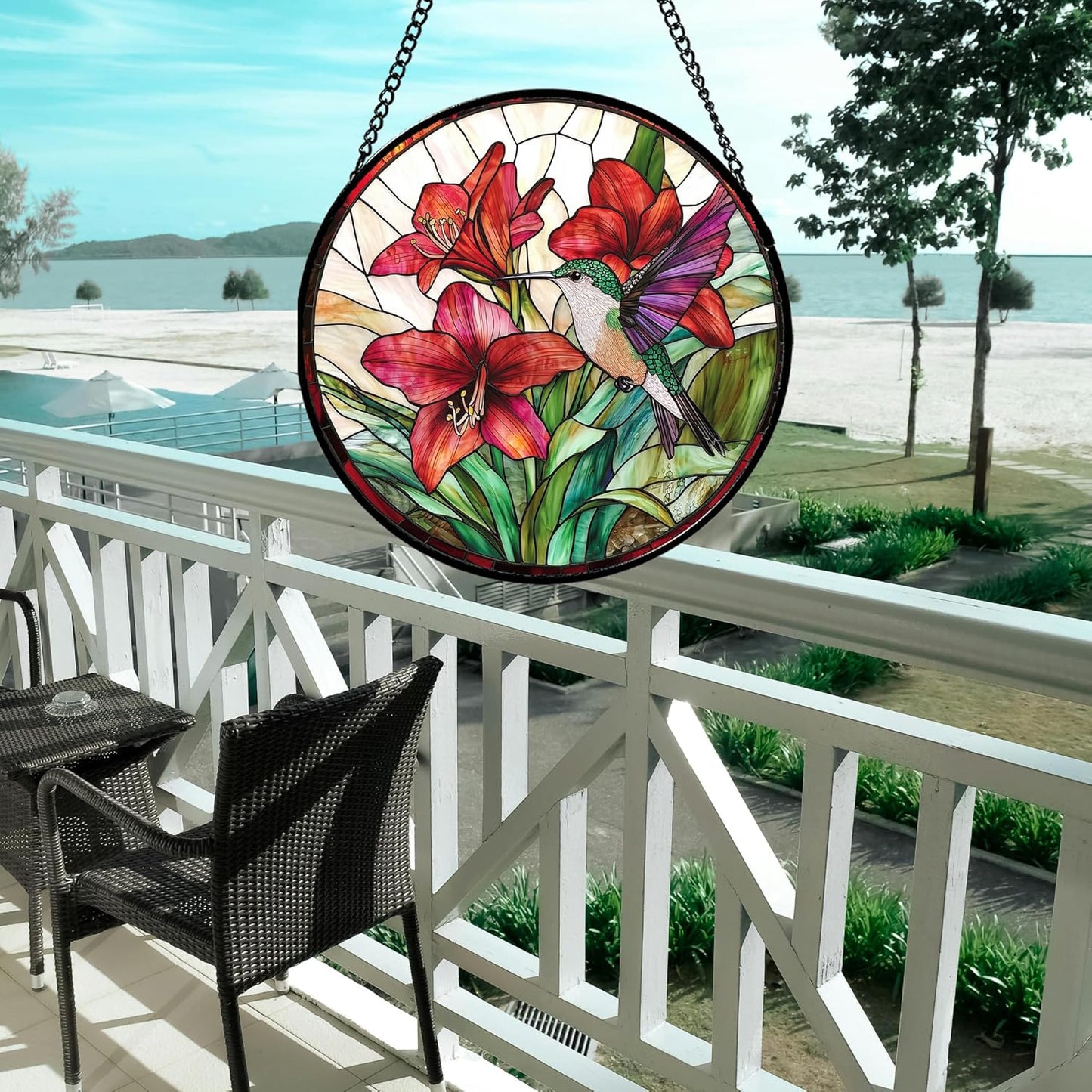 Stained Glass Window Hanging - Hummingbird On Red Lily Flower Sun Catcher for Door Garden Decor Suncatcher Christmas Mother's Day Birthday Gifts for Bird Lovers Women Men Mom Nana 9.8 in
