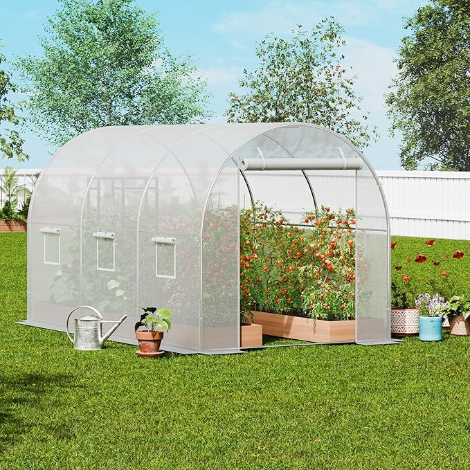 VEVOR Walk-in Tunnel Greenhouse, 9.6x6.4x6.2 ft Hoop House Greenhouse Tunnel, Plant Hot House with Galvanized Steel Frame, White PE Cover, Roll-up Zipper Door and 6 Windows for Outdoor