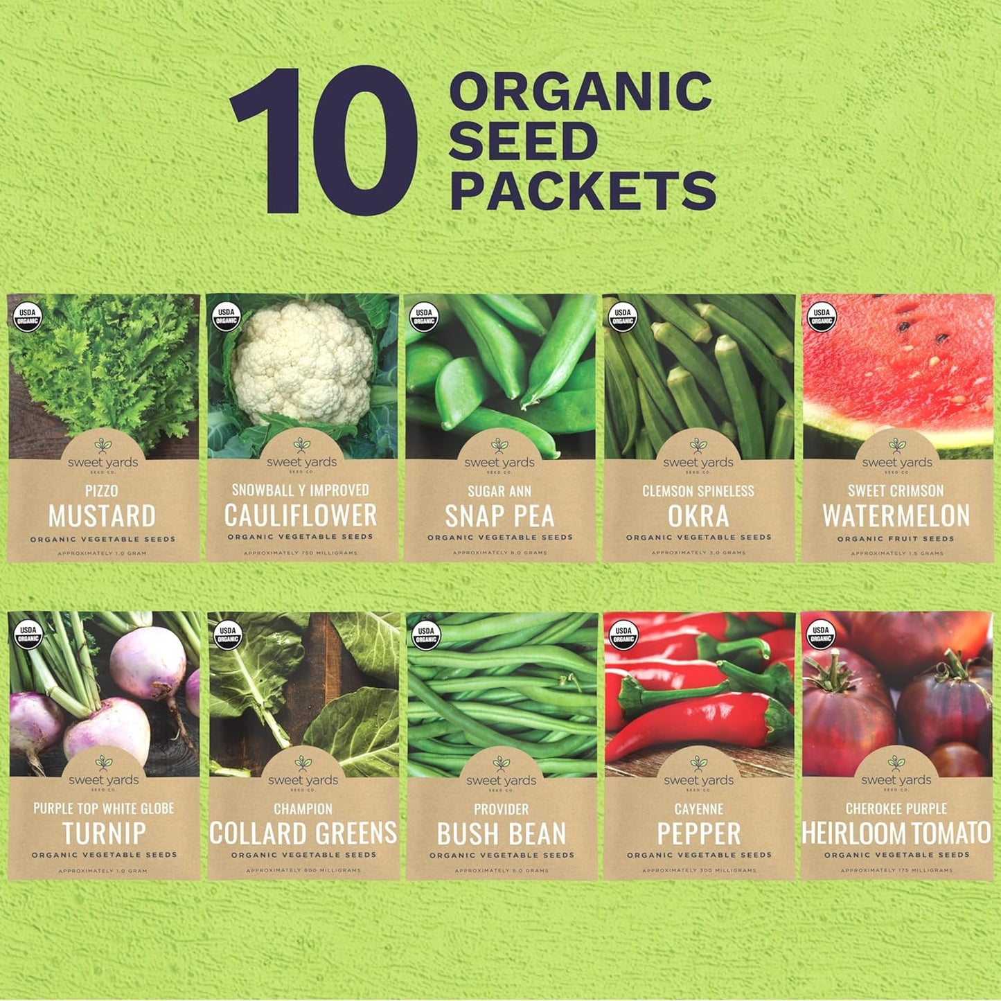 Organic Southern Garden Seeds Variety Pack - 10 Individual Packs - 2025 Season - Sugar Ann Snap Pea, Sweet Crimson Watermelon and More! for Indoor & Outdoor Planting (Non-GMO, Certified Organic)