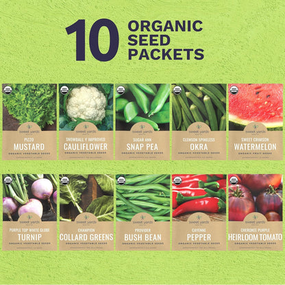Organic Southern Garden Seeds Variety Pack - 10 Individual Packs - 2025 Season - Sugar Ann Snap Pea, Sweet Crimson Watermelon and More! for Indoor & Outdoor Planting (Non-GMO, Certified Organic)
