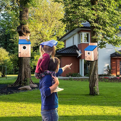 Dreyoo 4 Pack Cedar Bluebird Box Houses for Outside, 1-1/2'' Entrance Hole Wooden Bird Houses with Metal Guard, Secure Latch, Fledgling Grooves, Air Vents for Bluebird Wren Swallow