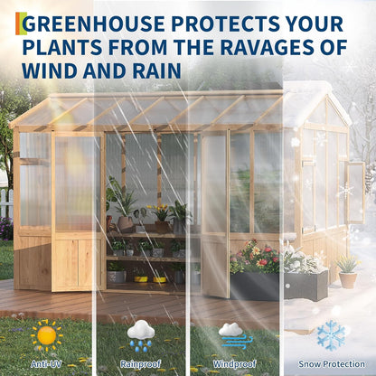 10x12 ft Wooden Greenhouse for Outdoor - Heavy Duty Walk-in Green House Kit with 6 mm Polycarbonate,Ventilated Window & Lockable Door for Backyard,Patio,Lawn
