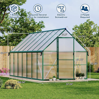 8'X14' Aluminum-Framed Polycarbonate Greenhouse, Heavy Duty Polycarbonate Greenhouse with Quick Setup Structure and Roof Vent, Large Enhanced Aluminum Greenhouses Kit for Outdoors