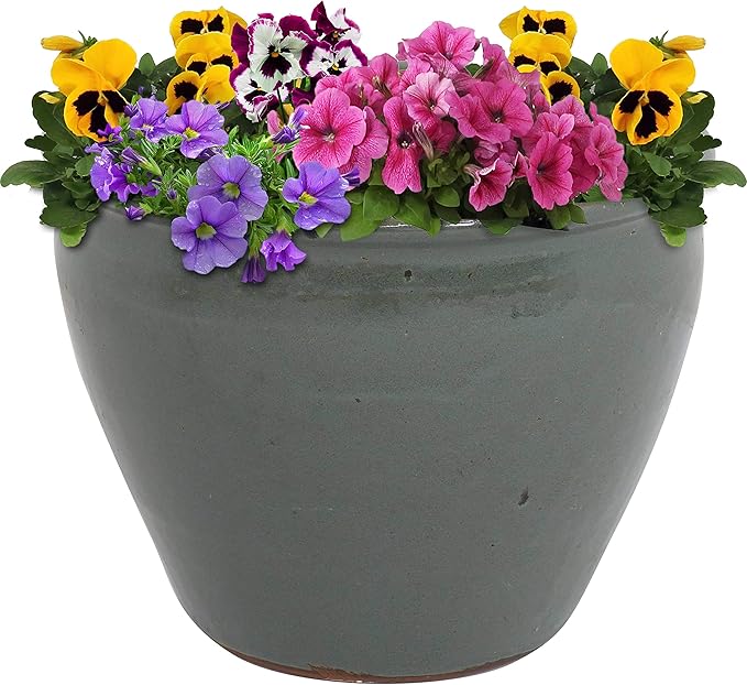 Sunnydaze Large Ceramic Plant Pot - Round Outdoor Glazed Ceramic Planter Pot with Drainage - Chalet - Gray - 14.5"