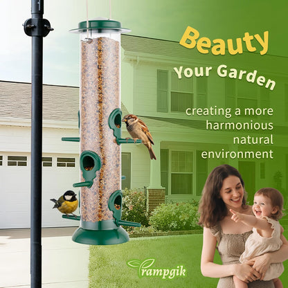 Metal Tube Bird Feeders for Outdoors Hanging,Finch Feeders for Outside,Chew-Proof Hanging Birdfeeder,Squirrel-Proof 6 Ports Bird Feeder 13 Inch,Anti-Rust,Green,1 Pack(Seed is not Included)