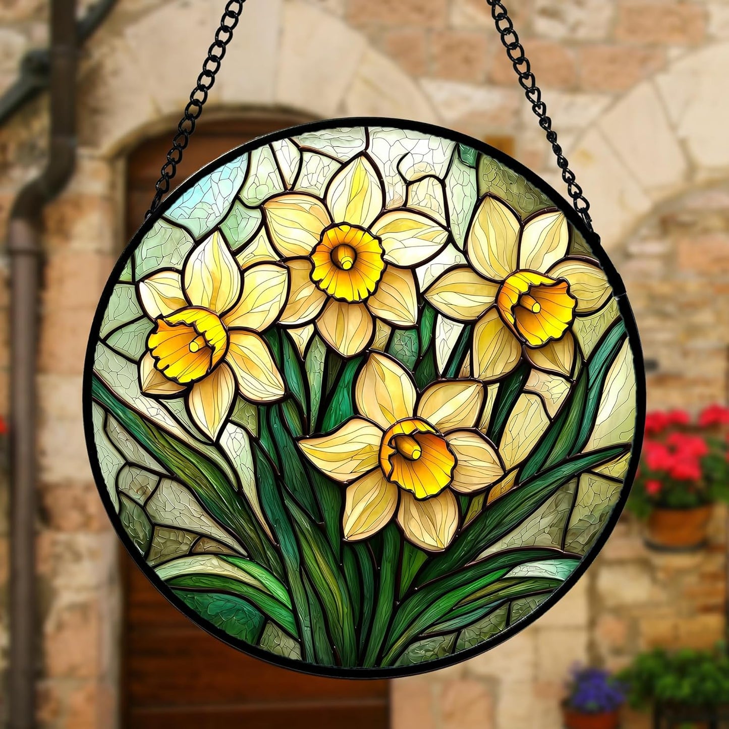 Stained Glass Window Hanging, Daffodil Plant Flowers Sun Catchers Diamond Glass Panel Hangings Suncatcher Decor for Birthday for Women, Men, Wife, Aunt, and Mom 7.8 in