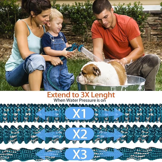 50 ft Expandable Garden Hose with 10 Patterns Nozzle,Kink-Free, Flexible Expanding Water Hoses with 3/4" Solid Fittings and 4-Layer Latex Core - Garden Hoses