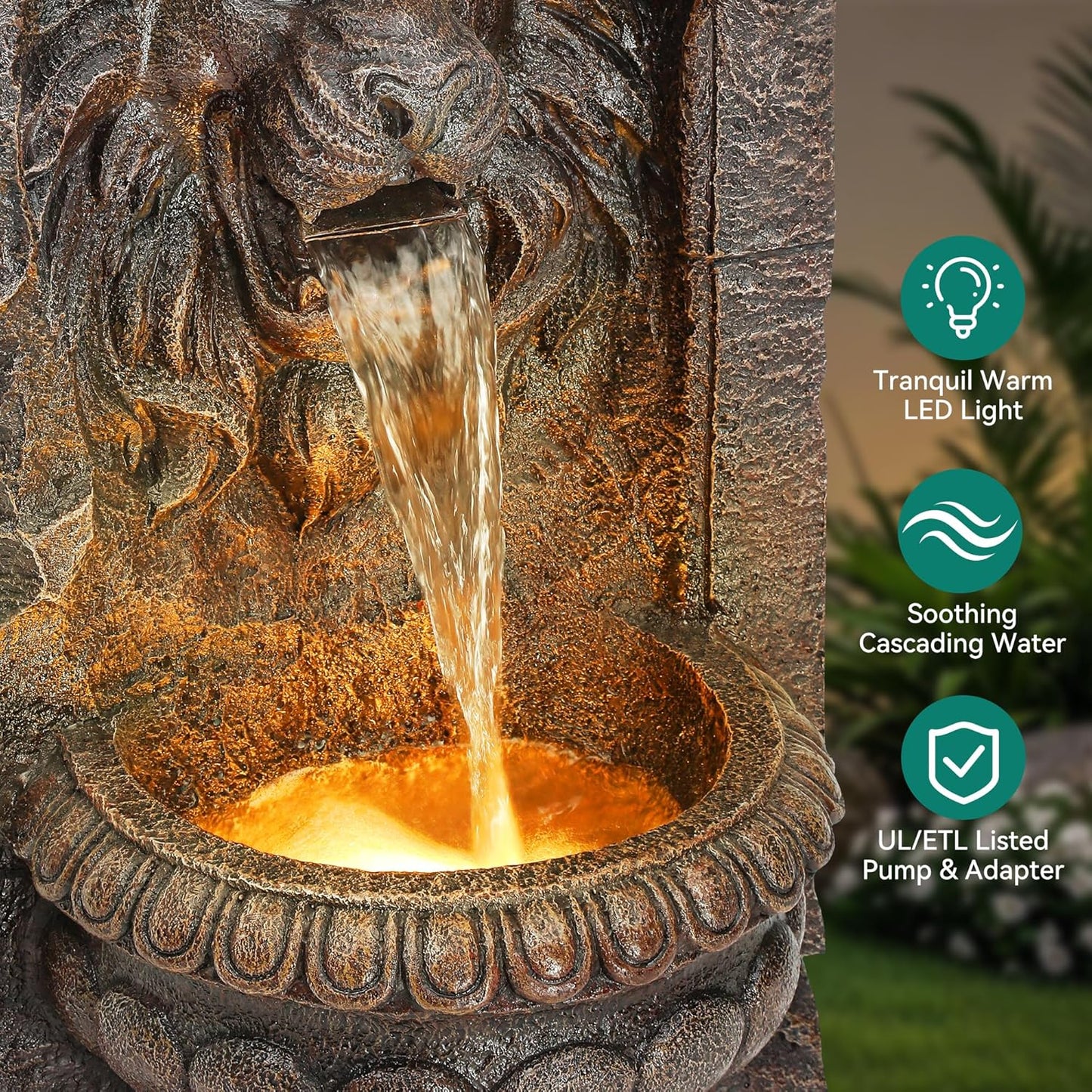 30in Outdoor Water Fountain with LED Lights, Majestic Bronze Lion Sculpture Garden Fountain, 2-Tier Pedestal Waterfalls, Durable Resin Water Feature for Yard, Patio or Porch Decor