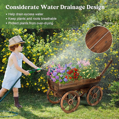 Wood Wagon Planter for Outdoor Balcony Decor - Garden Rustic Wooden Flower Cart with Wheels for Outside Garden Decor Wheelbarrow Planter for Patio