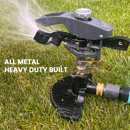 Lawn Pulsating Impact Sprinkler 300004, Heavy Duty, Adjustable to 360 Degrees on 3-Prong Metal Step Spike by New England Garden Tools