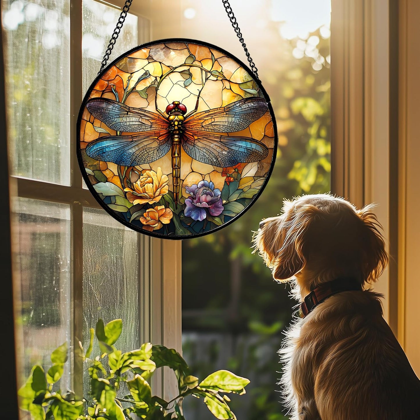 Stained Glass Window Hanging - Orange Blue Dragonfly Flower Suncatcher for Doors Window Home Sun Catchers Decor Christmas Mother's Day Birthday Outdoor Gifts for Women Men Mom Nana 9.8 in