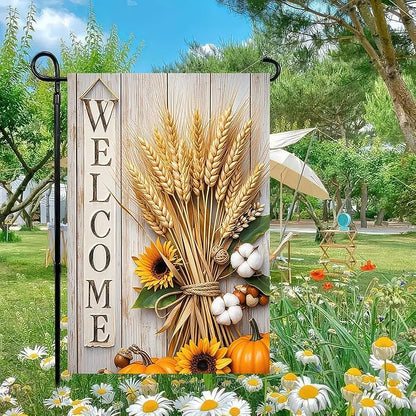 Thanksgiving Fall Garden Flag 12x18 Inch Welcome Wheat Sunflower Cotton Flag Double Sided Rustic Autumn Yard Banner for Porch Lawn Patio Seasonal Decor