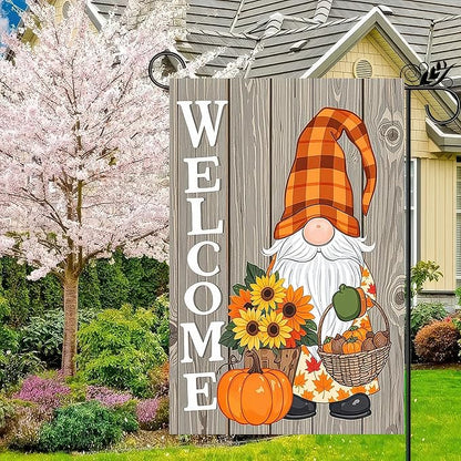 Thanksgiving Fall Garden Flag 12x18 Inch Welcome Gnome Flag Double Sided Autumn Yard Banner Sunflowers Pumpkins Acorn Basket for Porch Lawn Patio Seasonal Decor