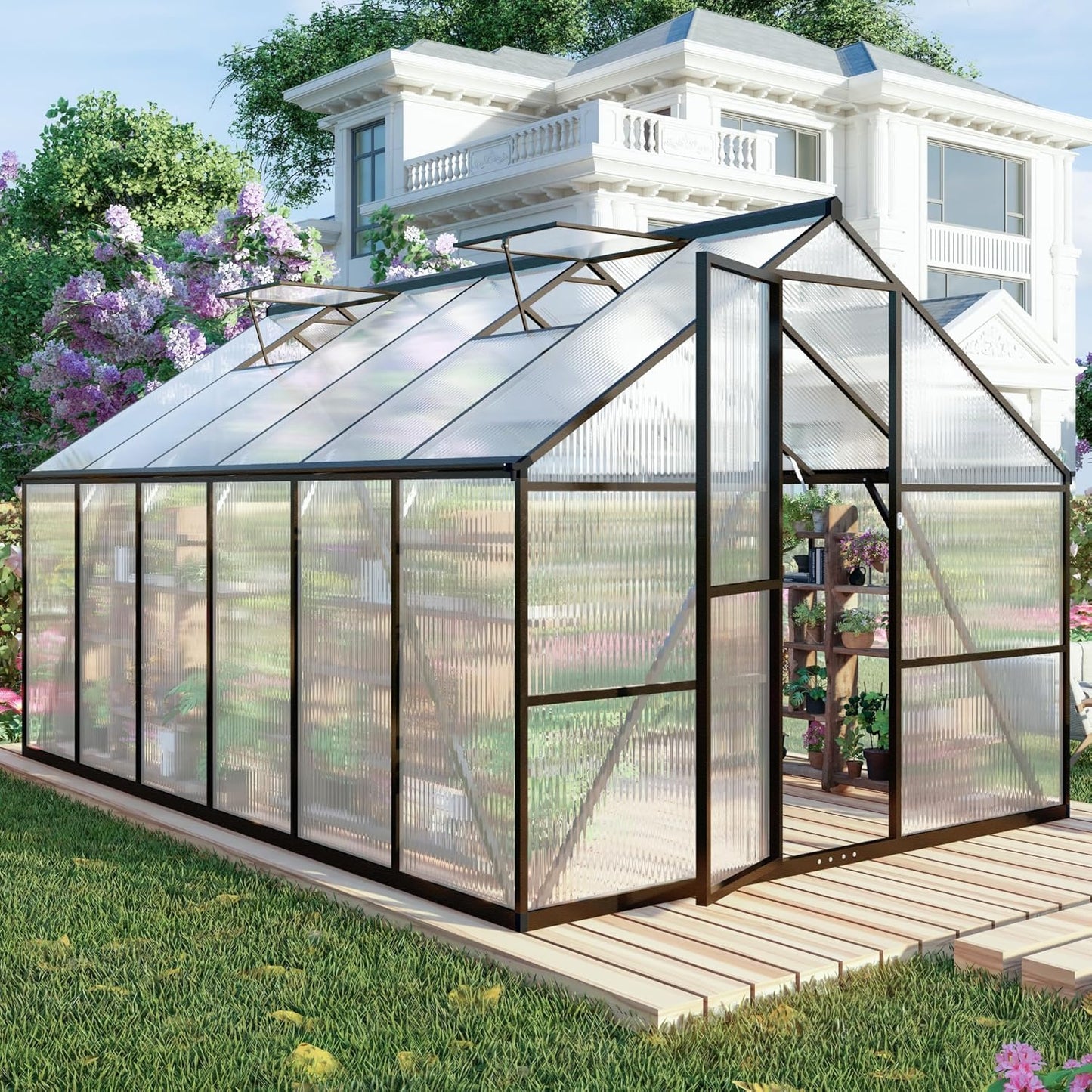 8x12 FT Greenhouses for Outdoors, Polycarbonate Greenhouse with PC Panels, Greenhouses for Outdoors for Yard, Garden, Hobby, Dark Grey