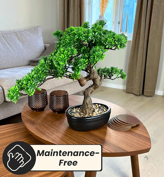 Artificial Bonsai Tree 16" Tall with Realistic Wood and Ceramic Pot Fake Plants Juniper Pine Zen Faux Plants for Home Bedroom Office Bathroom Japanese Decor