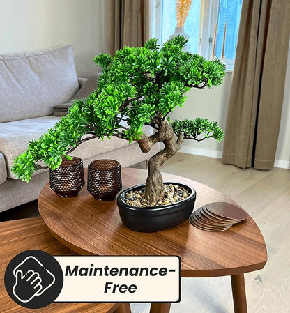 Artificial Bonsai Tree 16" Tall with Realistic Wood and Ceramic Pot Fake Plants Juniper Pine Zen Faux Plants for Home Bedroom Office Bathroom Japanese Decor