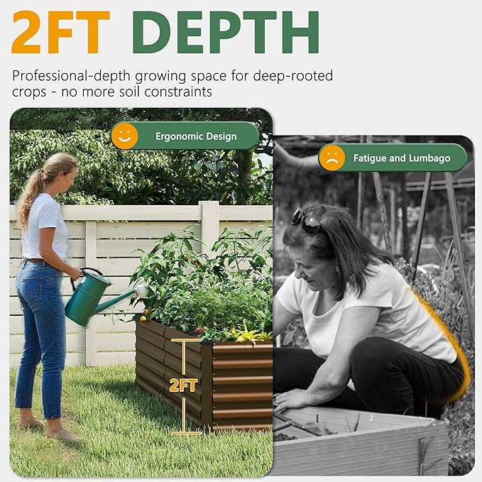 FOOWIN 2pcs 8x4x2ft Galvanized Raised Garden Bed, Planter Raised Garden Boxes Outdoor, Large Metal Raised Beds for Gardening, Garden Bed for Vegetables, Flowers, Herb,478 Gallon Capacity, Brown