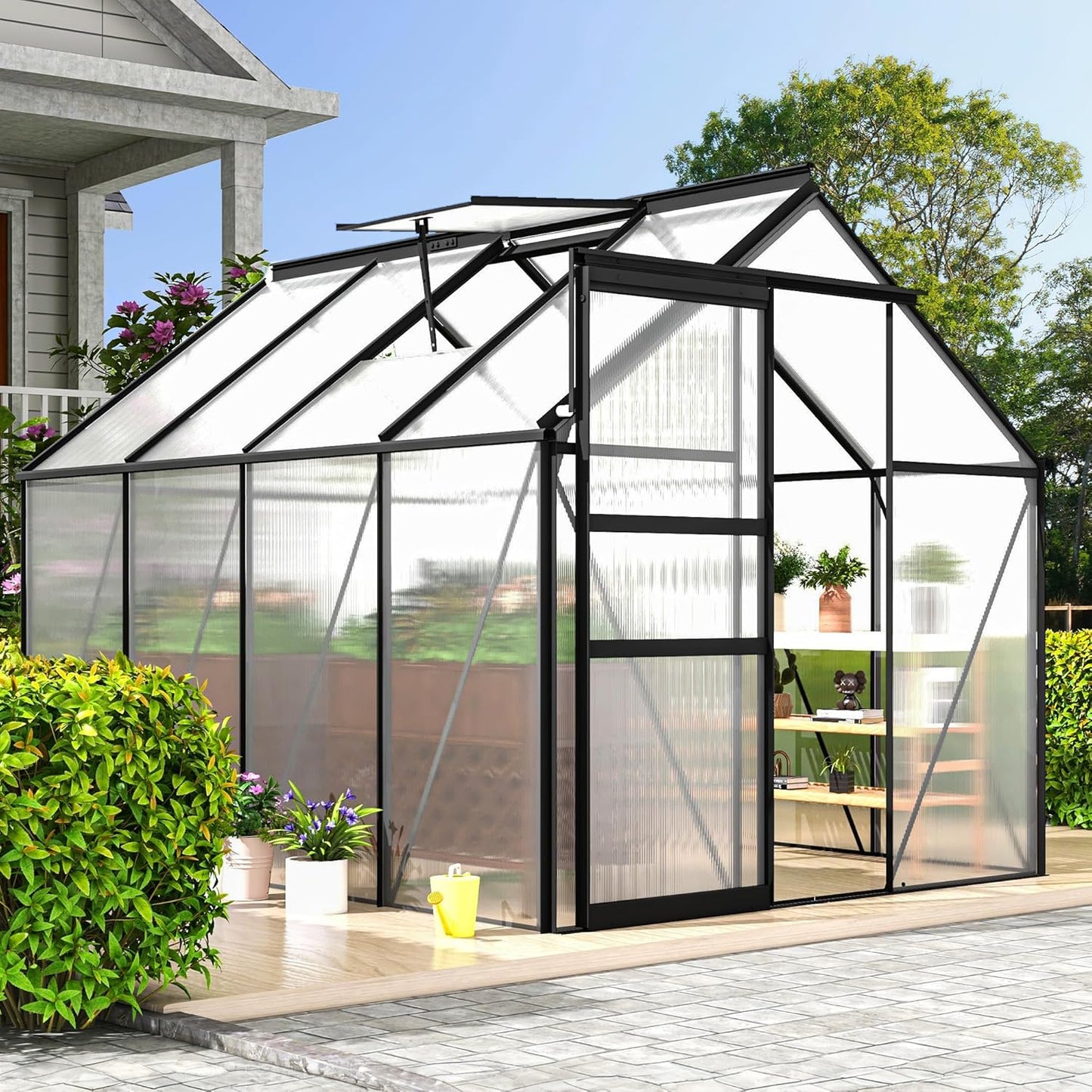 DWVO 6x8FT Polycarbonate Greenhouse Heavy Duty Green Houses Outdoor Aluminum Greenhouses with Sliding Doors Vent Window Walk-in Greenhouse Large Sun House for Garden Backyard, Matte Black