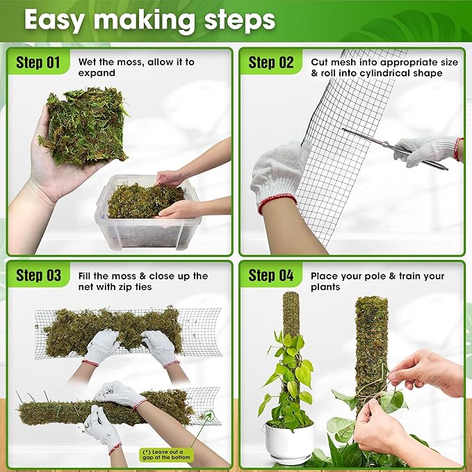 DUSPRO DIY Moss Pole Kit, Metal Moss Pole for Plant Monstera, Pothos, Philodendron, 1pc 8.6’’ x 6.5 ft Wire Moss Pole Mesh with Forest Moss, Cable Zip Ties, Gloves