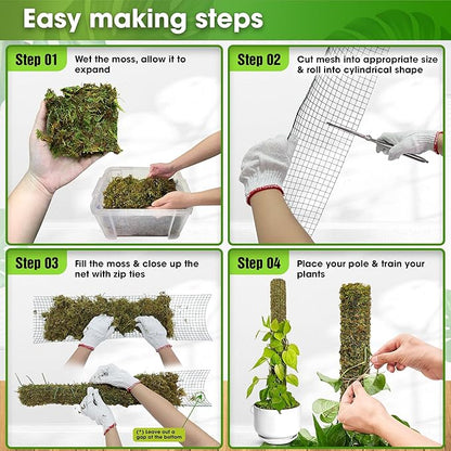 DUSPRO DIY Moss Pole Kit, Metal Moss Pole for Plant Monstera, Pothos, Philodendron, 1pc 8.6’’ x 6.5 ft Wire Moss Pole Mesh with Forest Moss, Cable Zip Ties, Gloves