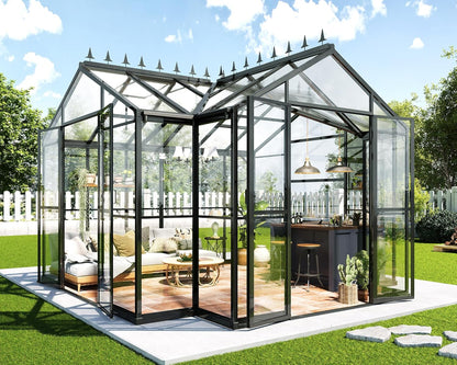Jocisland 12x10x8 FT Greenhouse for Ourdoors, Quick-Connect Fittings, Aluminum Frame with 2 Vents, 2 Doors, and Walk-in Design for Garden or Backyard, Black