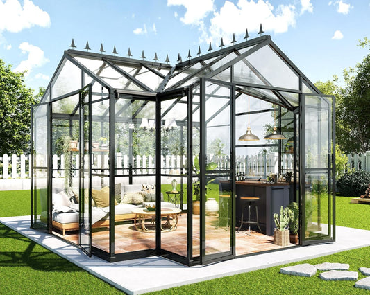 Jocisland 12x10x8 FT Greenhouse for Ourdoors, Quick-Connect Fittings, Aluminum Frame with 2 Vents, 2 Doors, and Walk-in Design for Garden or Backyard, Black