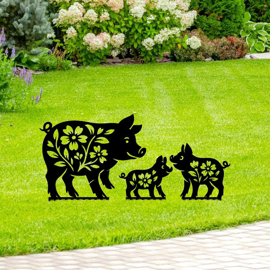 Personalized Pigs Set 3 Garden Stakes, Custom Metal Gardening Markers, Decorative Outdoor Yard Sign, Art Decor Gifts for Animal Lovers, Grandmother, Mom, Dad