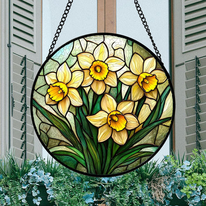 Stained Glass Window Hanging, Daffodil Plant Flowers Sun Catchers Diamond Glass Panel Hangings Suncatcher Decor for Birthday for Women, Men, Wife, Aunt, and Mom 14.9x14.9 in
