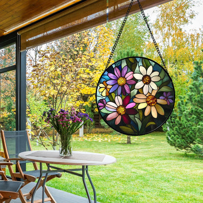Stained Glass Window Hanging - Colorful Daisies Suncatcher for Door Garden Patio Retro Flower Sun Catchers Decor Christmas Mother's Day Birthday Gifts for Women Mom Nana Aunt Friend 15 in