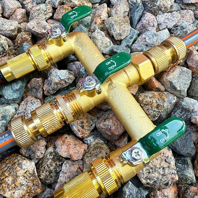 EBH Garden Hose Splitter, 3-Way High Flow Heavy Duty Brass Outdoor Hose Manifold with Long Handles Full Flow Faucet Adapter- 3/4” GHT(Green)