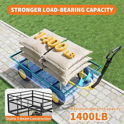 Metal Wagon - 1400lbs Garden Cart with 10" Multi-Terrain Tires, 4 Removable Mesh Sides & 180° Swivel Handle, Yard Wagon Cart for Lawn, Yard, Patio Gardening