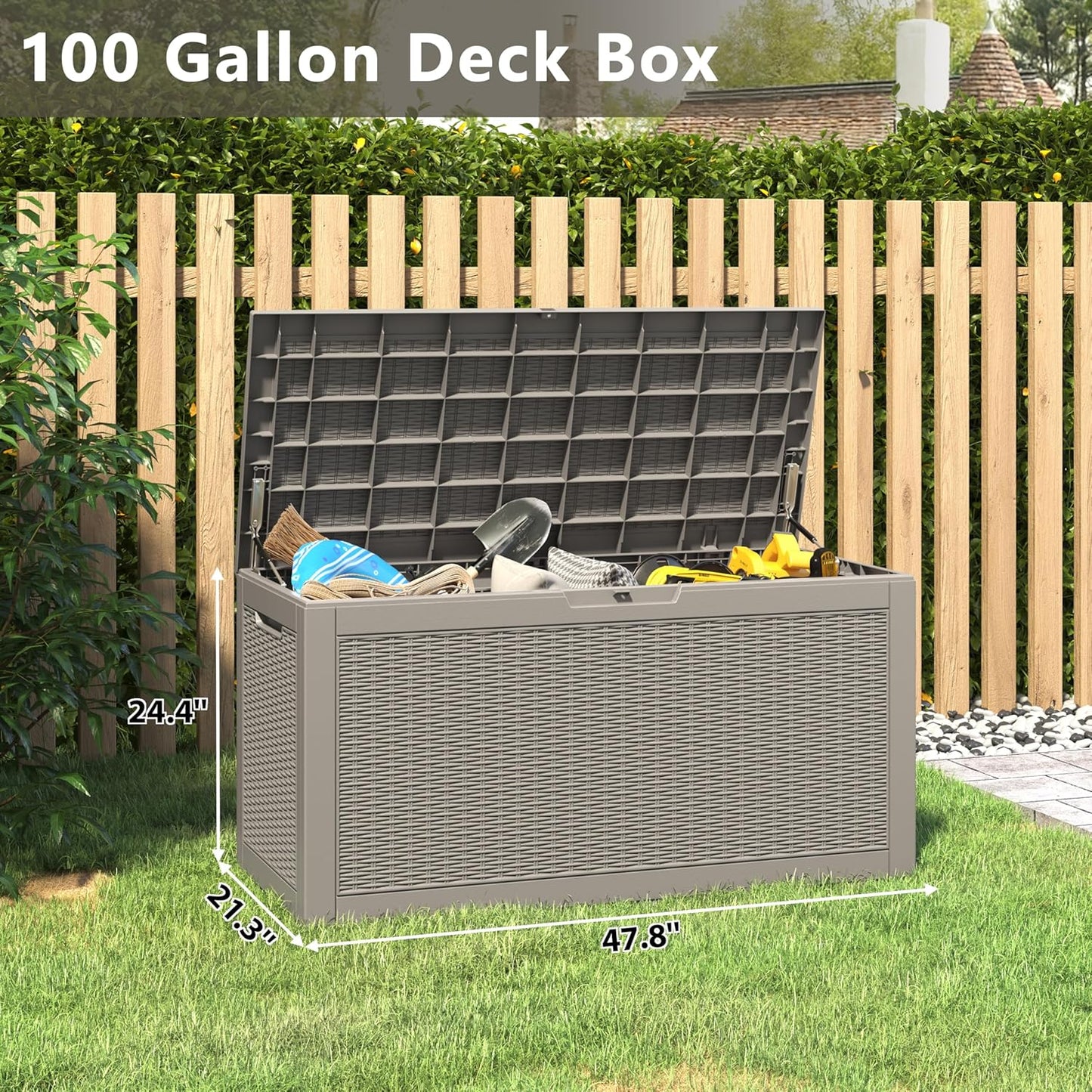 Outdoor Storage Box, Resin Deck Boxes Indoor and outdoor, Waterproof Storage Box Lockable Lid (Grey, 100 Gallon)