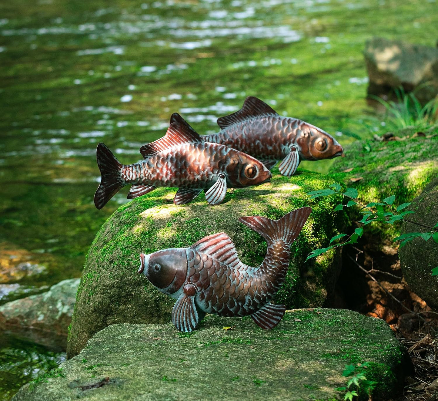 Set of 3 Outdoor Garden Koi Fish Sculptures & Statues Antique Copper Fish Yard Décor, Metal Koi Figurine Ornaments for Outdoors,Patio Decor,Backyard and Home Kitchen Decorations