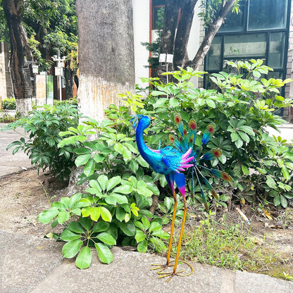Metal Peacock Garden Statue, 36-Inch Iridescent Blue Purple Outdoor Sculpture, Decorative Lawn Art with Stand