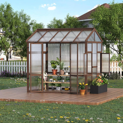 6x8 ft Wooden Greenhouse for Outdoor - Heavy Duty Walk-in Green House Kit with 6 mm Polycarbonate,Ventilated Window & Lockable Door for Backyard,Patio,Lawn