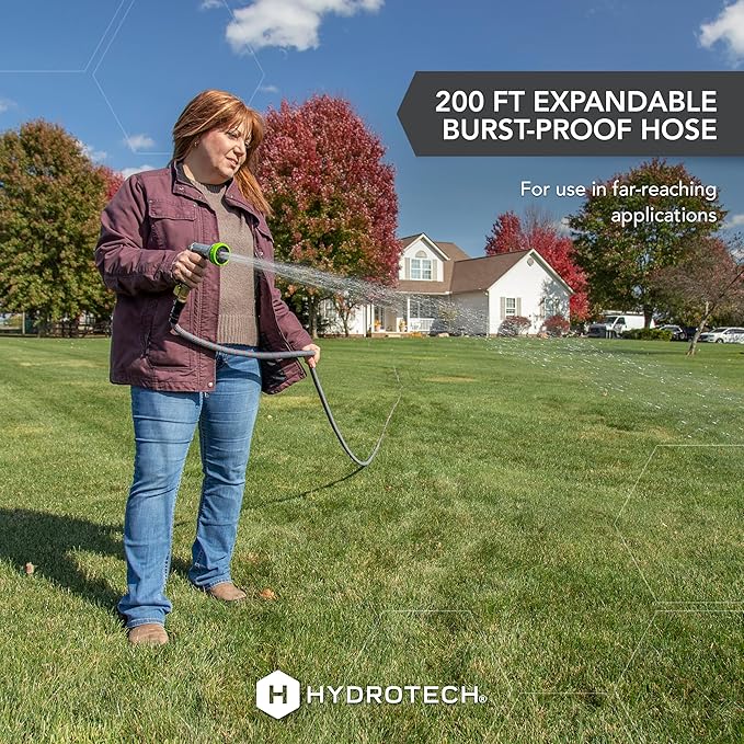 HydroTech 5/8" 200 ft Expandable Garden Hose - Flexible, Lightweight, Durable and Burst-Proof Hose with Reinforced Latex Core and Solid Brass Fittings - Great for Lawn Care, Garden, and Car Washing