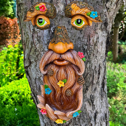 Mood Lab Tree Face Decor - Outdoor Bird Feeder - Old Man Face Decoration with Flowers - Tree Garden Hugger - Yard Art Statues